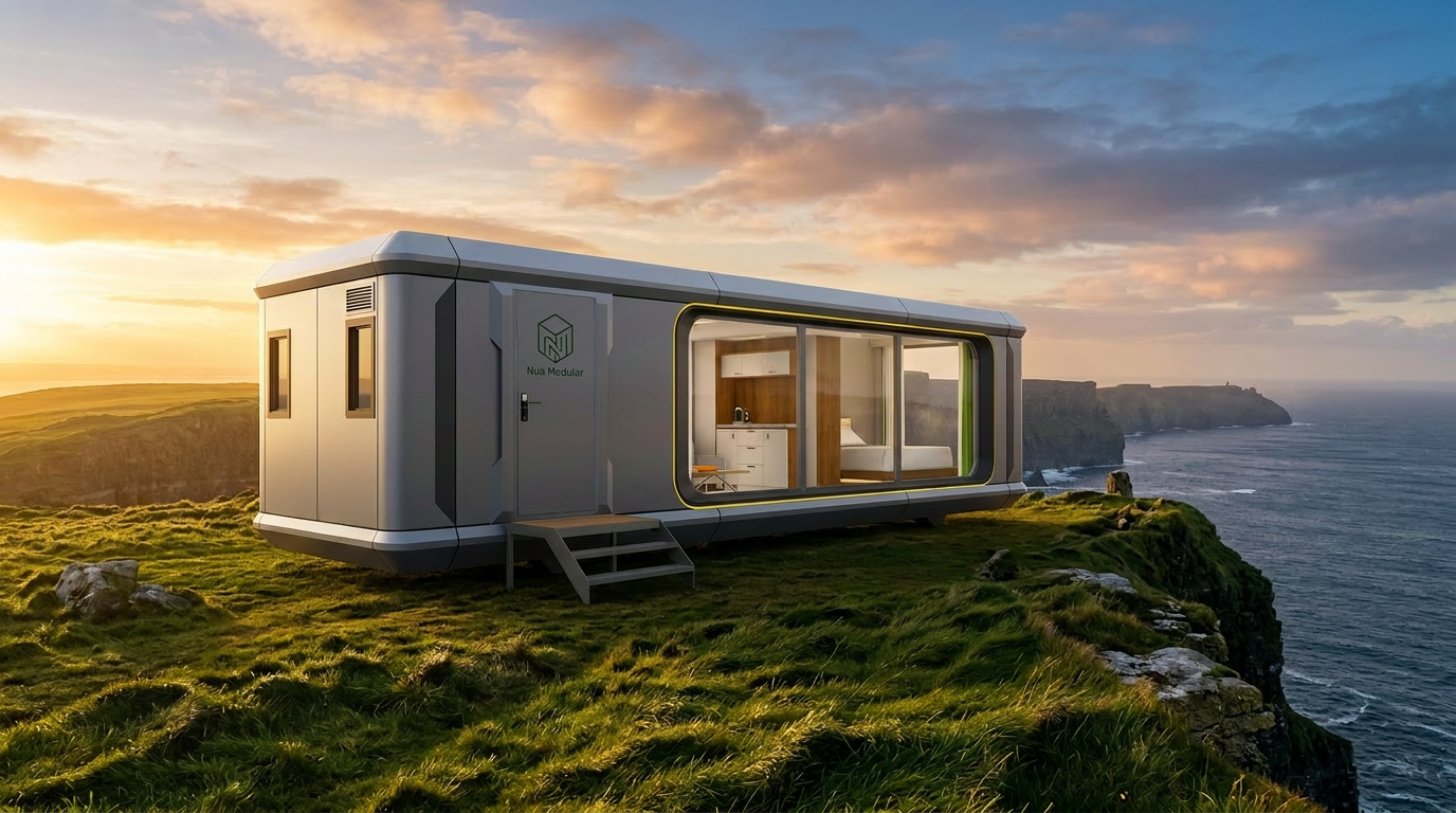 Nua Modular pod at the Irish cliffs at golden hour